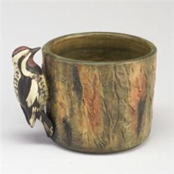 WELLER Woodcraft jardiniere with woodpecker. 1" hairline from rim. Impressed WELLER. 6 1/2" x 8 1...