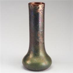 Fine and rare WELLER Sicard bottle-shaped vase with pine bows in a lustered green, red, and gold....