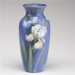 Fine and large WELLER Hudson vase painted by McLaughlin with blue and white irises on a blue grou...