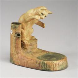 Fine and rare WELLER Muskota fish bowl holder with playful cat figurine and trunk-shaped bud vase...