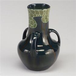 Fine WELLER Jap Birdmal three-handled bulbous vase decorated in squeezebag with stylized green, b...
