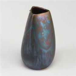 WELLER Sicard bud vase with triangular opening, painted with stars and moons in red, blue, and go...