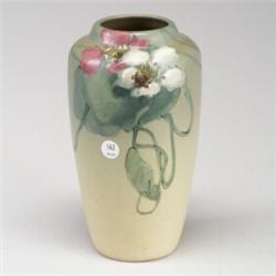 WELLER Hudson vase painted by S. McLaughlin with white and pink nasturtiums on a celadon ground....