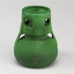 Fine and unusual OWENS Matt Green bulbous vase of architectural shape with buttressed handles and...