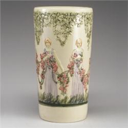 Rare WELLER Flemish umbrella stand with swags of ivy over women holding wreaths of dogwood. Three...