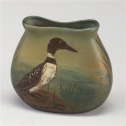WELLER Dickensware pillow vase, possibly by Charles Upjohn, incised and painted with a mallard on...