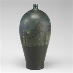 Tall and rare OWENS Mission vase of bulbous form, "San Carlos Mission", painted with the rustic m...
