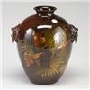 Image 1 : WELLER Louwelsa bulbous vase with lion medallions holding ring handles, and painted with palm fro...