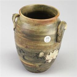Rare WELLER Muskota ovoid vase with two handles shaped as fish jumping out of the water, near whi...