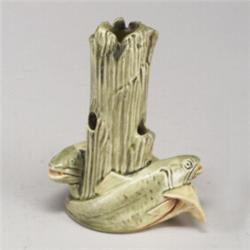 WELLER Muskota flower frog with two swimming trout by a log, covered in a glossy green glaze. Sma...