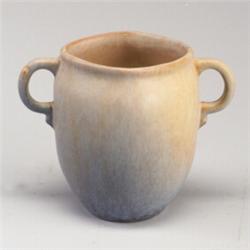 ROSEVILLE Earlam two-handled vase with four-sided rim, in pink and blue. Unmarked. 6" x 8"...