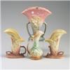 Image 1 : Four pieces: three HULL Wildflower vases, and one McCOY pitcher. Broken handle to one, chips to a...