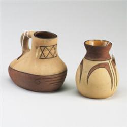 Two OWENS Aborigine pieces: a bulbous vase (small chip), and a pitcher. Unmarked. 4 3/4" and 5 1/...