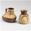 Image 1 : Two OWENS Aborigine pieces: a bulbous vase (small chip), and a pitcher. Unmarked. 4 3/4" and 5 1/...