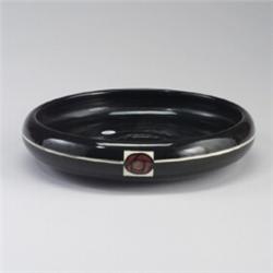 WELLER low bowl decorated in squeezebag with red Glasgow roses on a black glossy ground. Small ch...
