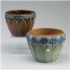 Image 1 : Two BRUSH MCCOY jardinieres embossed with lilies, one in glossy blue and amber, the other in matt...