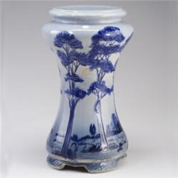 WELLER Jap Birdmal pedestal with blue and white landscape and full moon. 7 1/2" line from base, s...