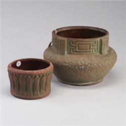 Two PETERS AND REED Moss Aztec planters, one with squat  hammered  base and Greek key shoulder, t...