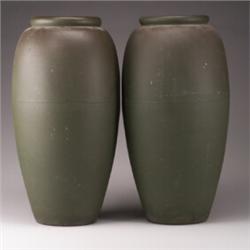2 massive MONMOUTH Western Ware olive jars covered in matt dark green to brown glaze. Factory dri...