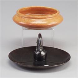 Two Zanesville pieces: a rooster appetizer tray attributed to WELLER, and a ROSEVILLE orange low...