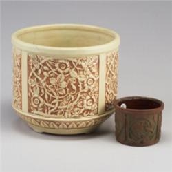 Two ZANESVILLE pieces: a PETERS AND REED Moss Aztec planter with hairline and a ROSEVILLE ivory p...