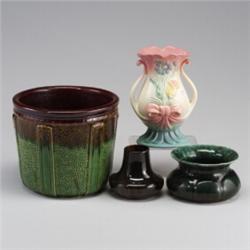 Four Ohio pieces: a HULL ribbon vase (tight line to base), a ROSEVILLE RANSBOTTOM planter (crack)...