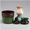 Image 1 : Four Ohio pieces: a HULL ribbon vase (tight line to base), a ROSEVILLE RANSBOTTOM planter (crack)...