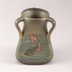 WELLER Dickensware II three-sided vase incised with swimming fish. Several firing lines. Impresse...