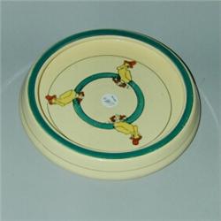 ROSEVILLE Juvenile dish with duck in boots and hat. Some losses to enamel. RV ink mark. 7 3/4"...