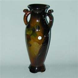 Fine and tall ROSEVILLE Rozane Royal Dark vase with whiplash handles probably painted by Dunlavy...