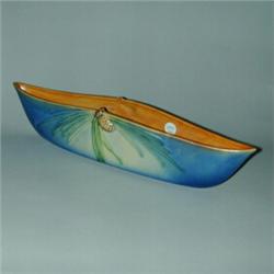 ROSEVILLE blue Pine Cone canoe-shaped planter (431-15"). Minute grinding fleck to base. Raised ma...