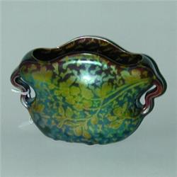 Fine WELLER Sicard pillow vase with scalloped rim and handles painted with golden and green bloss...