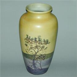 Unusual and large WELLER La Sa baluster vase painted with green trees in front of a purple lake,...