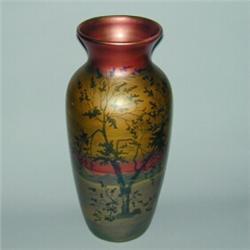 Tall and fine WELLER La Sa baluster vase painted with gray trees in front of a gold, green and re...