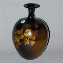 WELLER Louwelsa bulbous vase painted by Elizabeth Ayres with yellow roses. Restoration under rim...