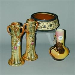 Four small pieces: three WELLER, a pair of Woodcraft bud vases and Claywood low bowl, plus a SICA...