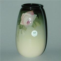WELLER Eocean bulbous vase painted with a pink tea rose. Restoration around rim. Incised Weller E...