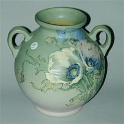 Fine and large WELLER Hudson spherical urn painted by Mae Timberlake with white, pink and blue po...