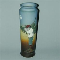 Rare WELLER Dickensware II "Golfer" cylindrical vase with a man in mid-swing, crisply carved. Sta...