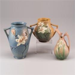 Three Roseville Pieces A Blue Magnolia Vase 96 12 Two Chips