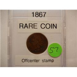1867 Off Center Stamp, Error Indian Head Cent