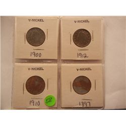 (4) Liberty Head V Nickels: 1900, 1910, 1912, and 1897