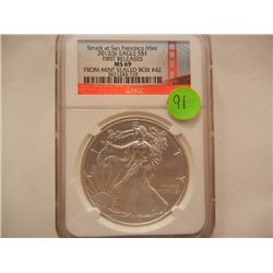 2012-S American Silver Eagle, First Releases, .999 Fine Silver, 1 Troy Oz., Graded by NGC MS69