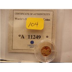 .999 Fine Gold, 73g. 2000 Proof $25 George Washington Gold Coin w/ COA