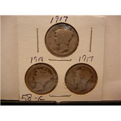 (3) Mercury Dimes: 1917 & 1918