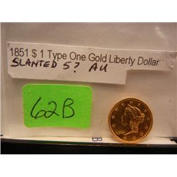 1851 $1 Gold Coronet Head, Type I, Slanted 5