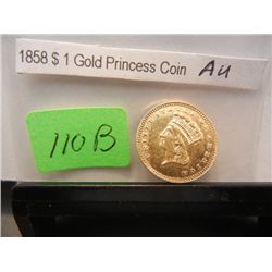 1858 $1 Gold Indian Princess Large Head