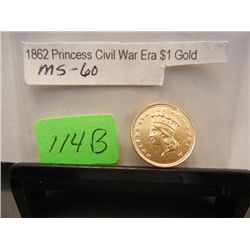 1862 $1 Gold Indian Princess Large Head