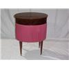 Image 1 : EDWARDIAN MAHOGANY SEWING BOX,with oval body covered in pleated fabric,the inlaid hinged lid encl...