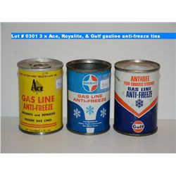 3 x Ace, Royalite, & Gulf gasline anti-freeze tins